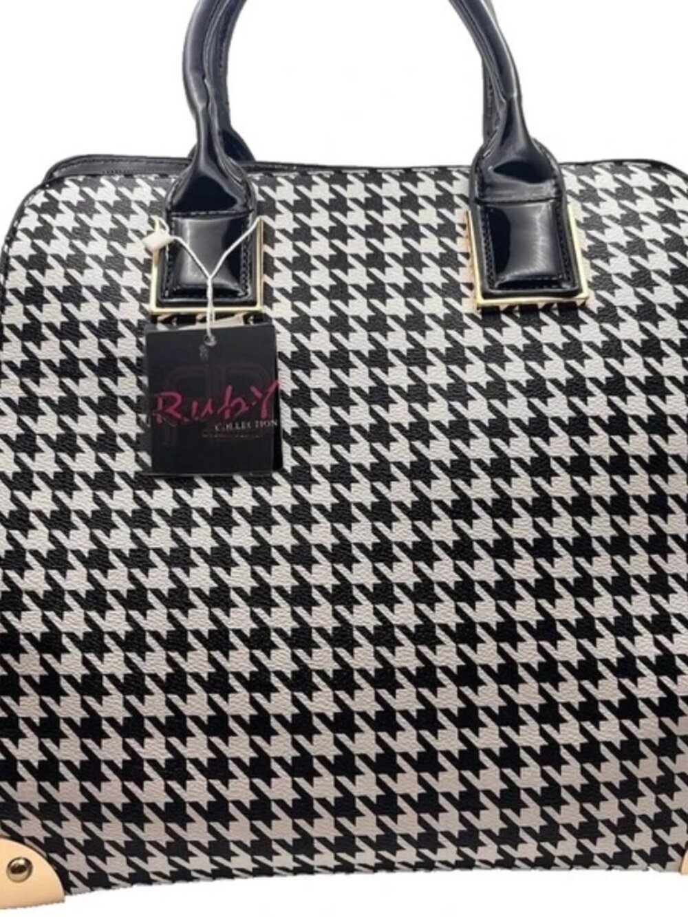 Ruby Collection Houndstooth Satchel Black White Bowler Handbag Gold Trim USA NWT